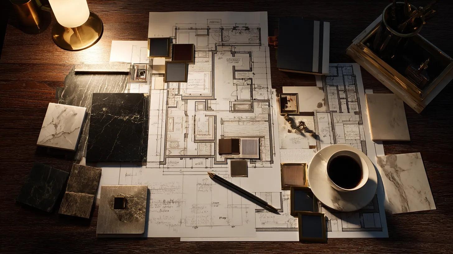 Architectural drawings and material samples laid out on a dark desk.
