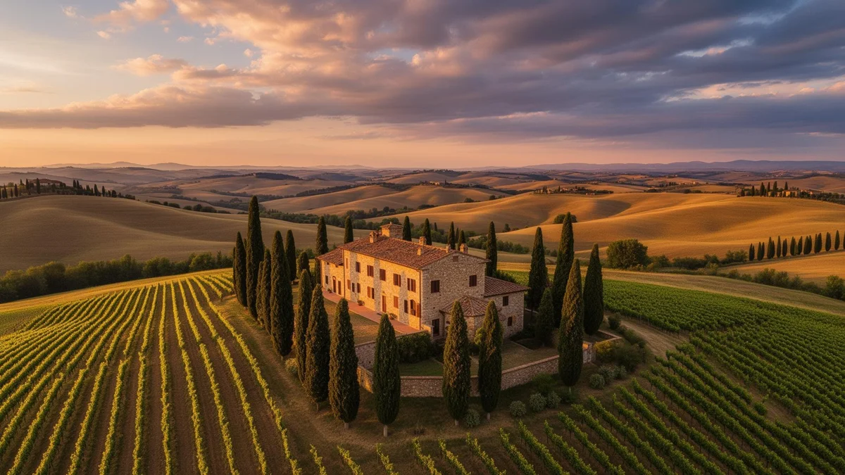 A stone country house among cypresses and vineyards in rolling hills.