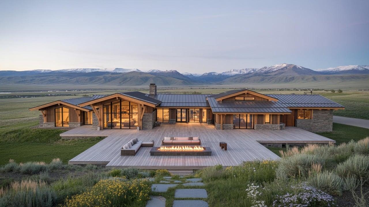 A low-profile modern residence with a timber deck facing a mountain range.