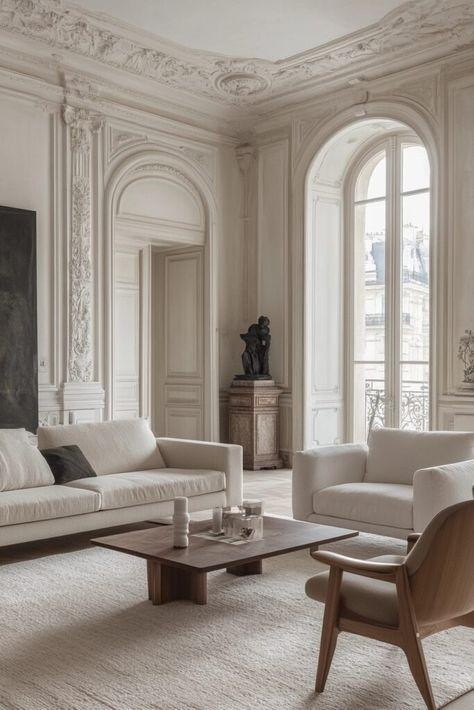A pale, classically detailed reception room in a Parisian apartment.