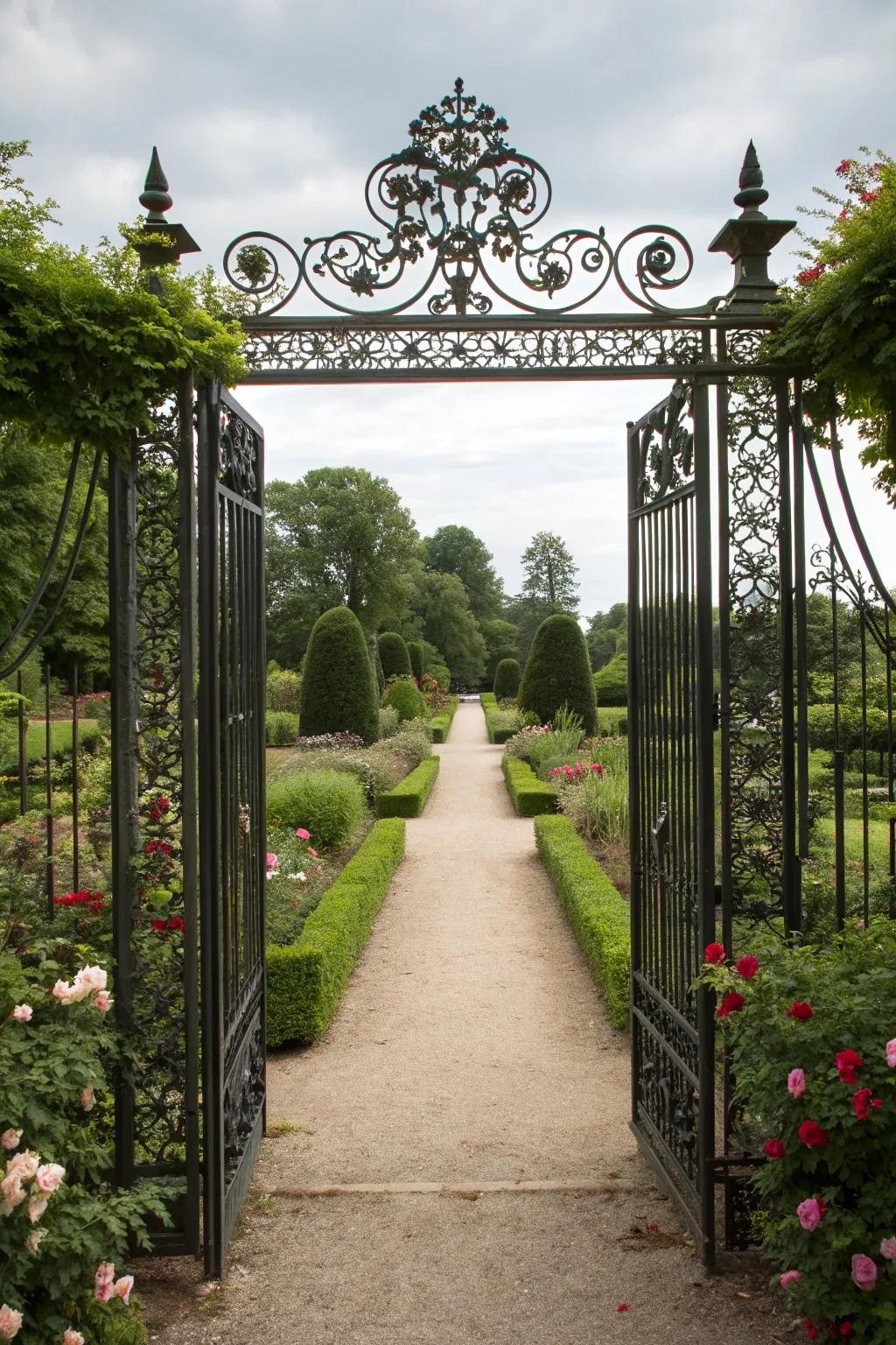 An open wrought-iron gate leading into a formal, carefully kept garden.