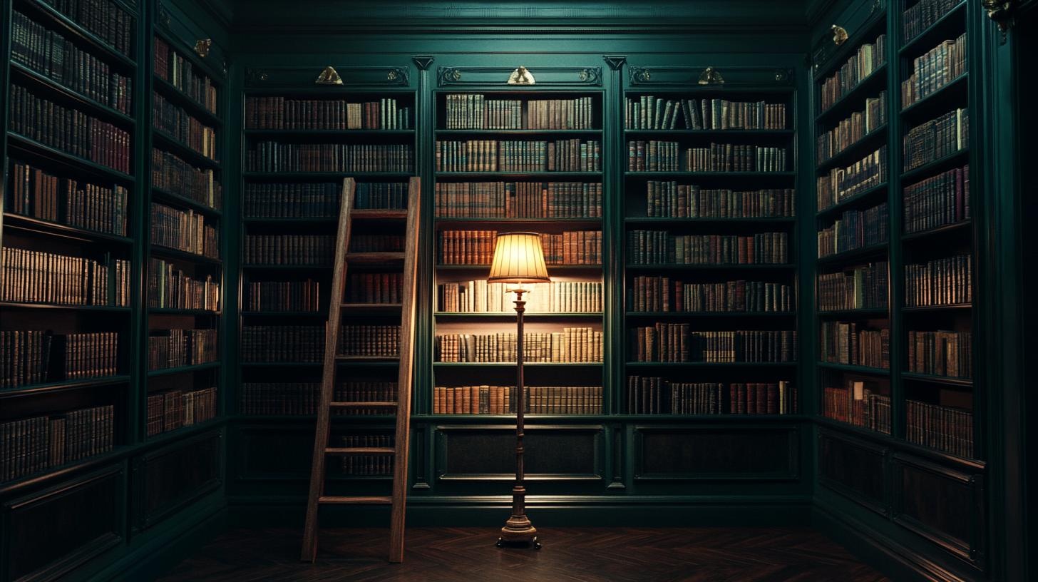 A private library lined with books, lit by a single lamp.