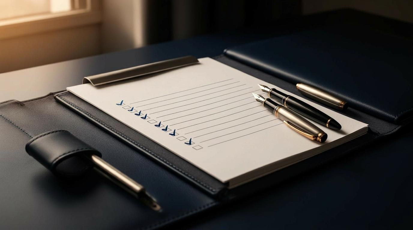 A leather folio, writing paper and fountain pens on a dark desk.