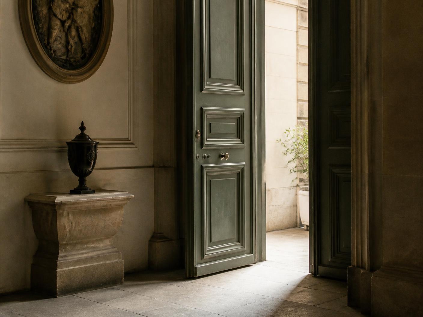 A tall panelled door standing slightly ajar in a quiet historic entrance hall.