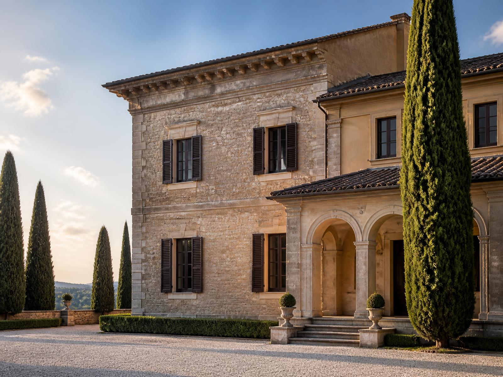 The stone façade and colonnade of a maintained Mediterranean palazzo in late afternoon light.